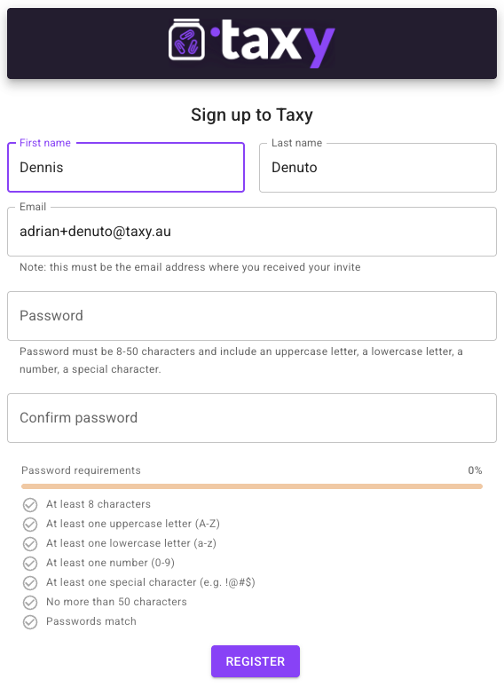 Screenshot of registration form