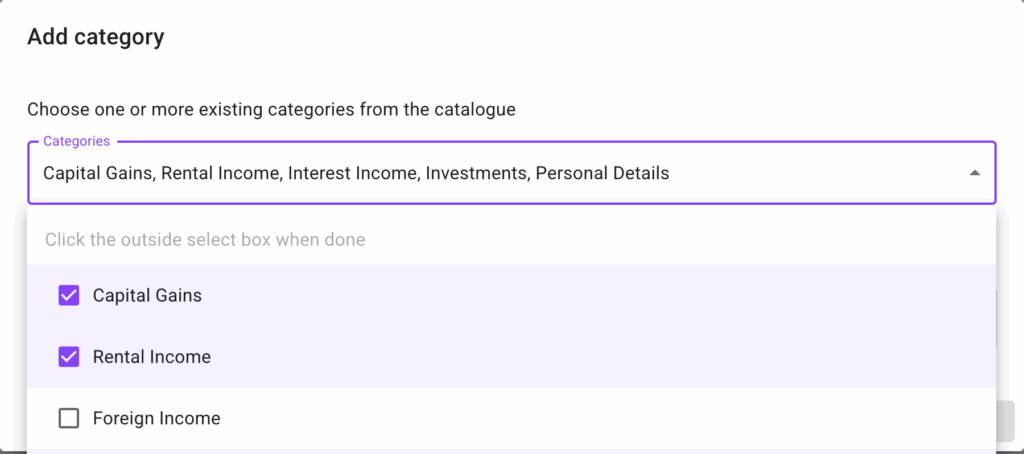 Screenshot of selected categories