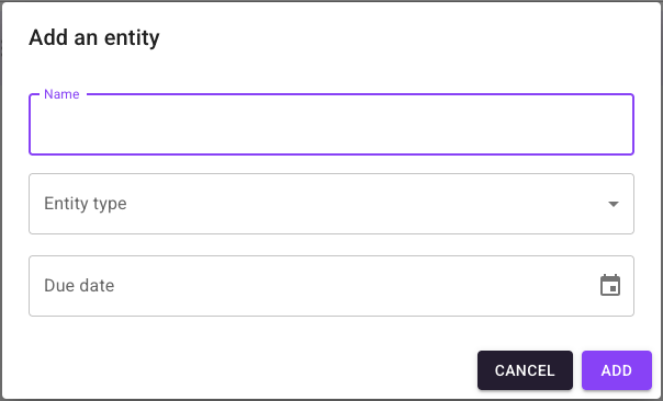 Screenshot of "Add an Entity" pop-up.