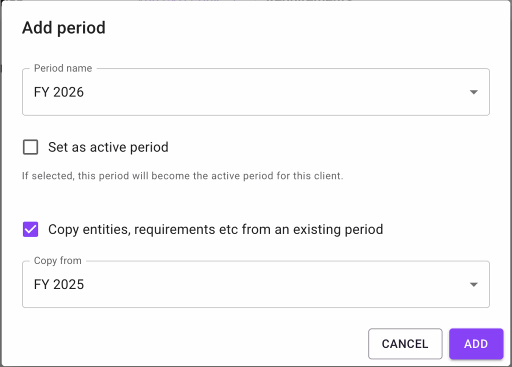 Screenshot of Add period popup