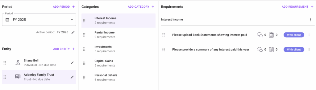 Screenshot of client page