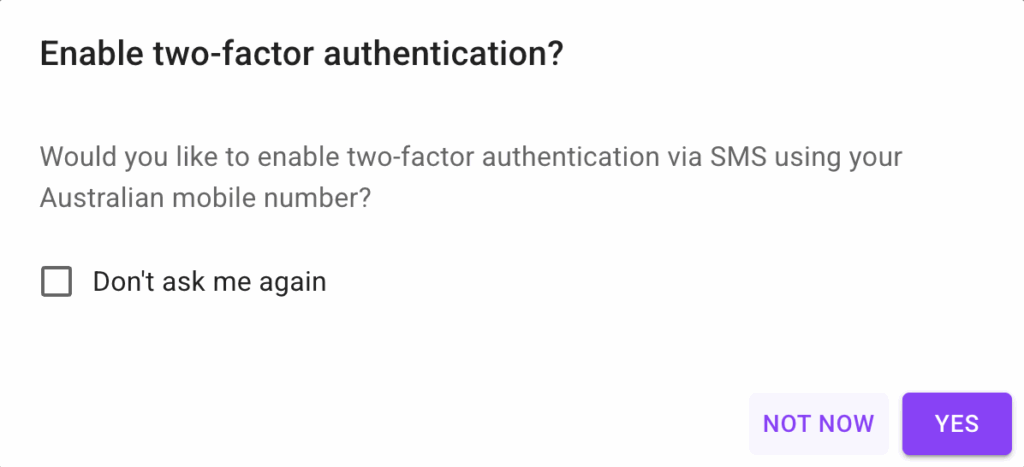 Screenshot of the 2FA popup