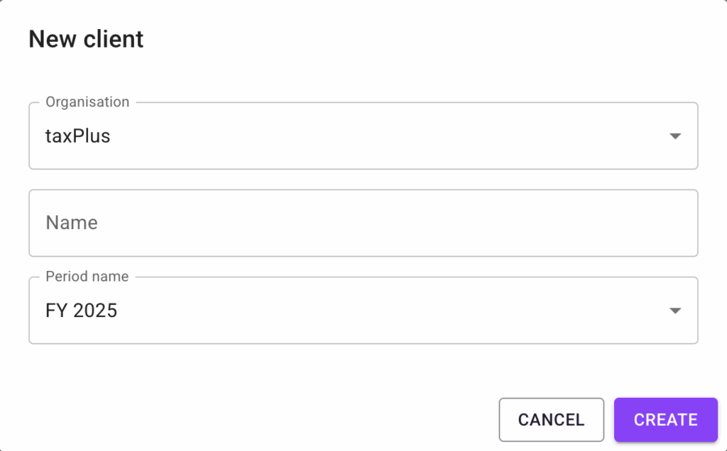 Screenshot of the new client popup