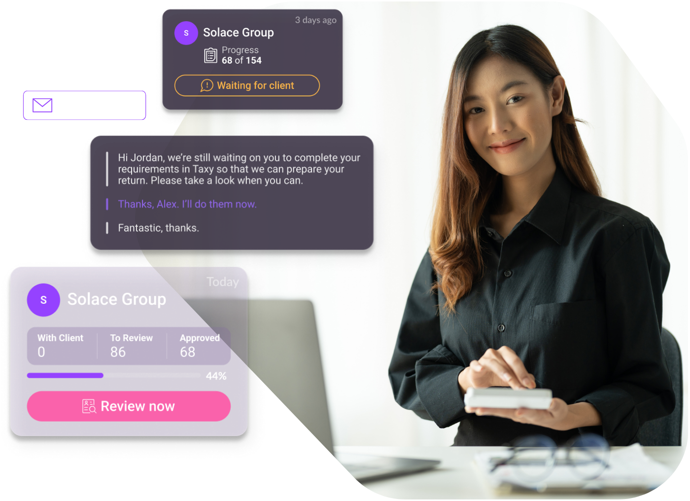 Taxy dashboard showing tax information requests alongside a smiling accountant at her desk