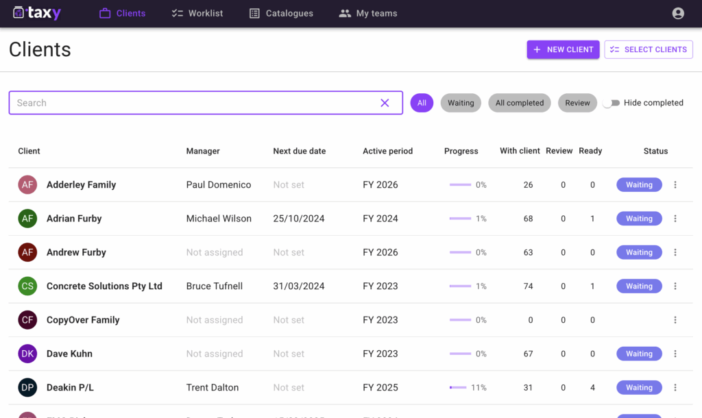 Screenshot of the Clients dashboard