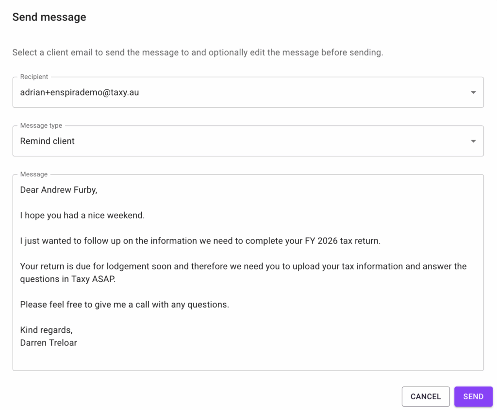 Screenshot of Send message popup window