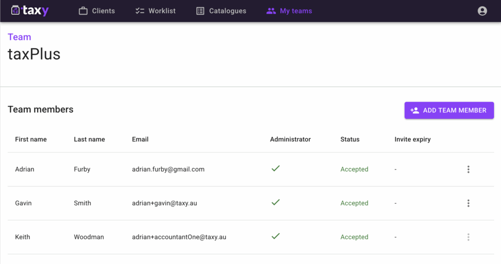 Screenshot of team page